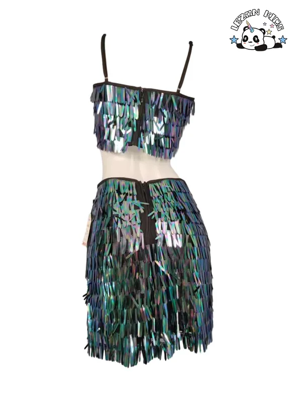 LEZONKIDS - Conjuntos de Roupas para Meninas Brilhantes com Top Halter e Saia com Lantejoulas Coloridas Especialmente Projetados